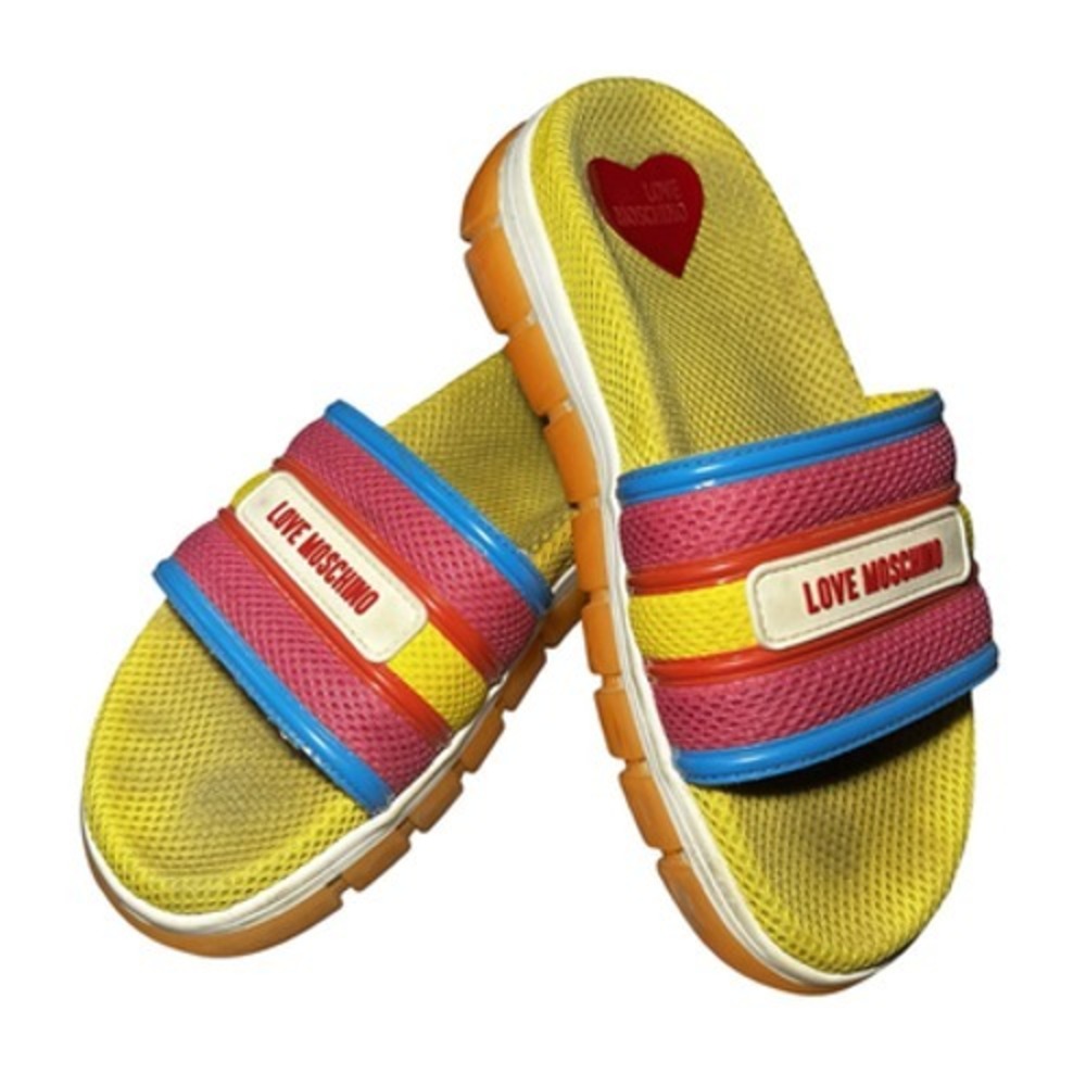 Love Moschino Slide Sandals Shoes Womens 8 Yellow Red Blue Heart Logo Platform